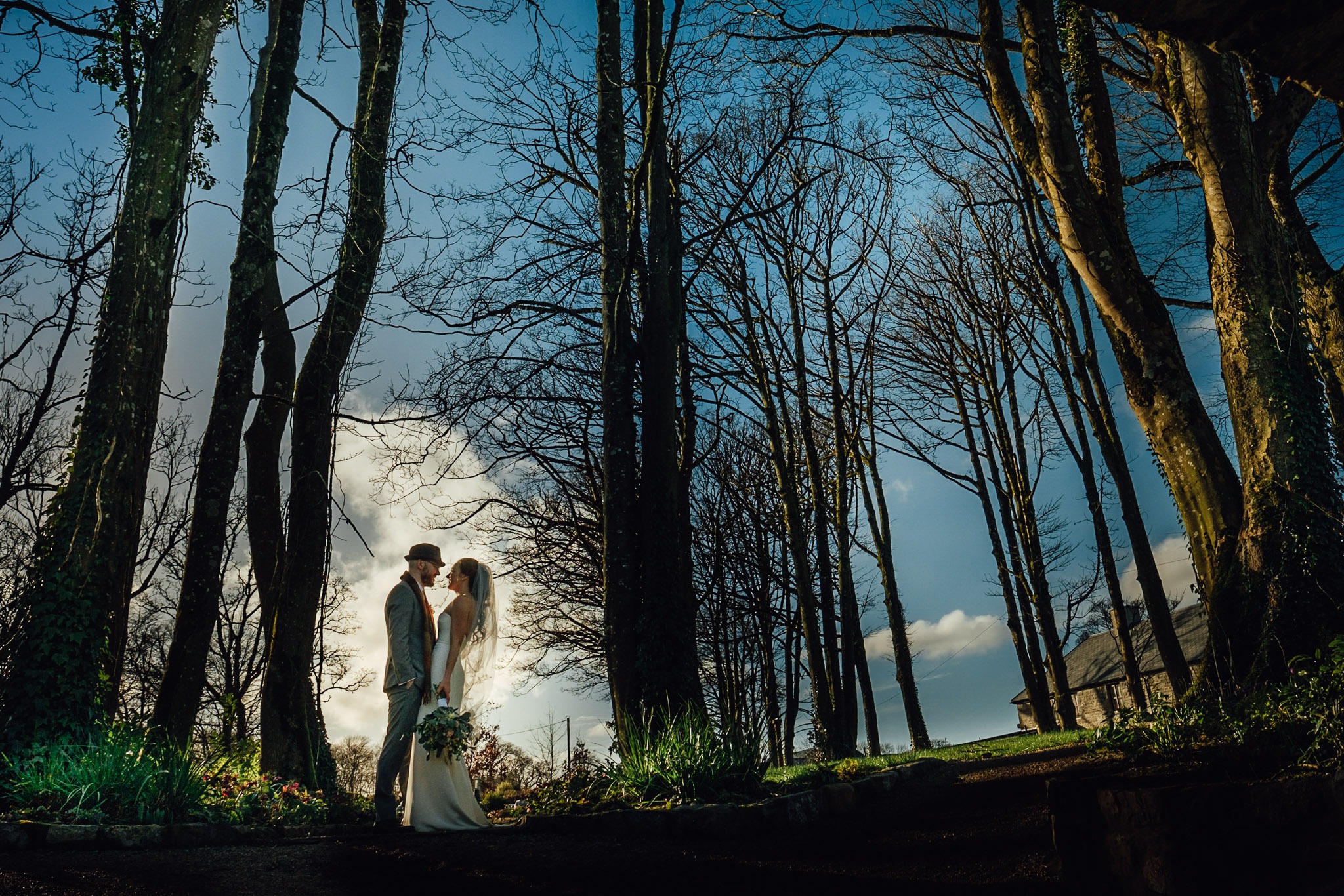 bride and groom on the grounds of clonabreany house