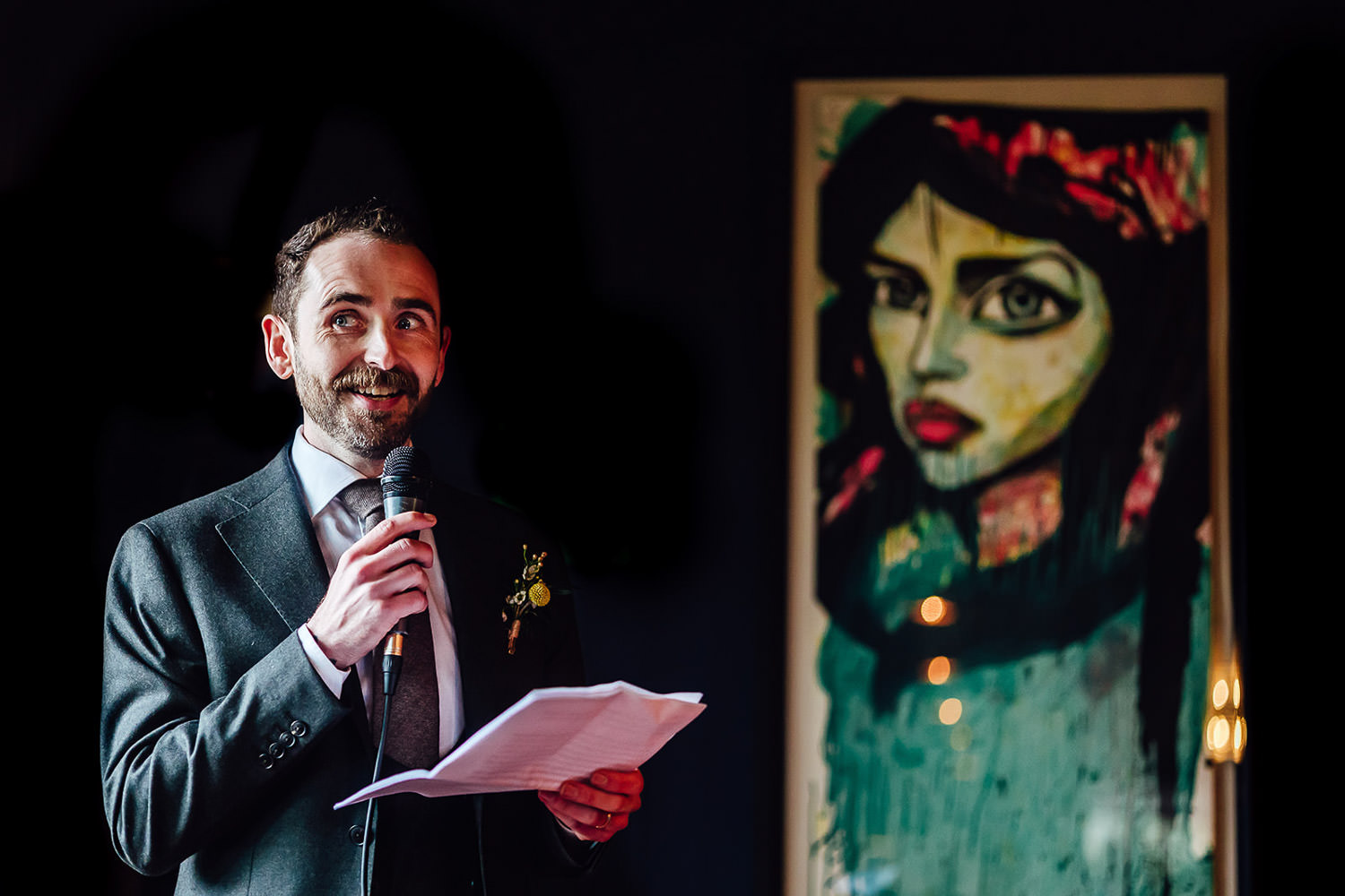 A groom makes his speech at a wedding reception at Mount Druid
