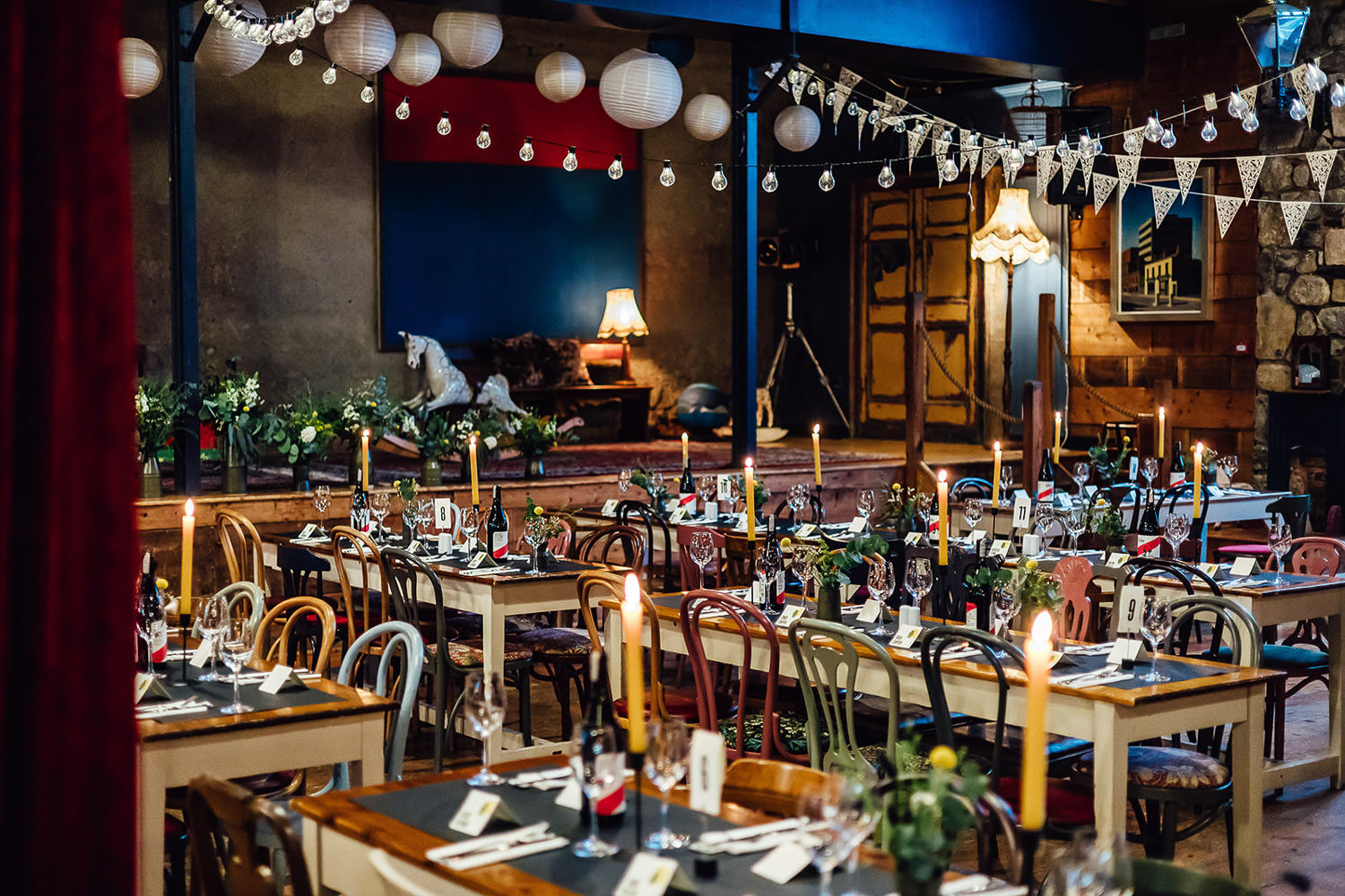 A wedding dining set up at Mount Druid wedding venue