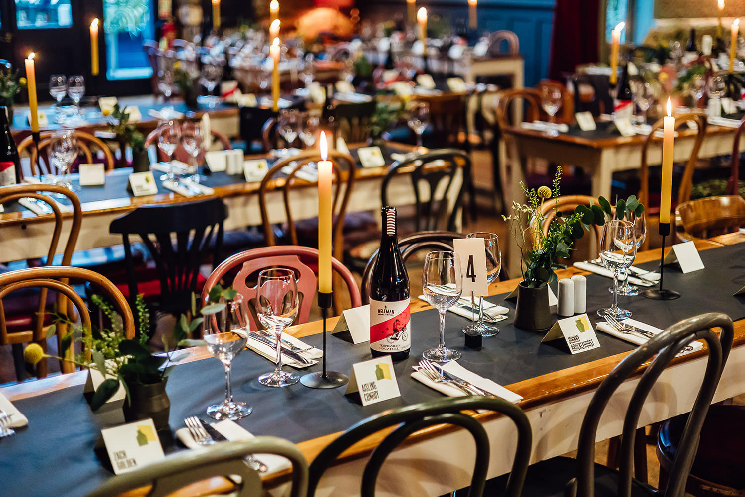 A wedding dining set up at Mount Druid wedding venue