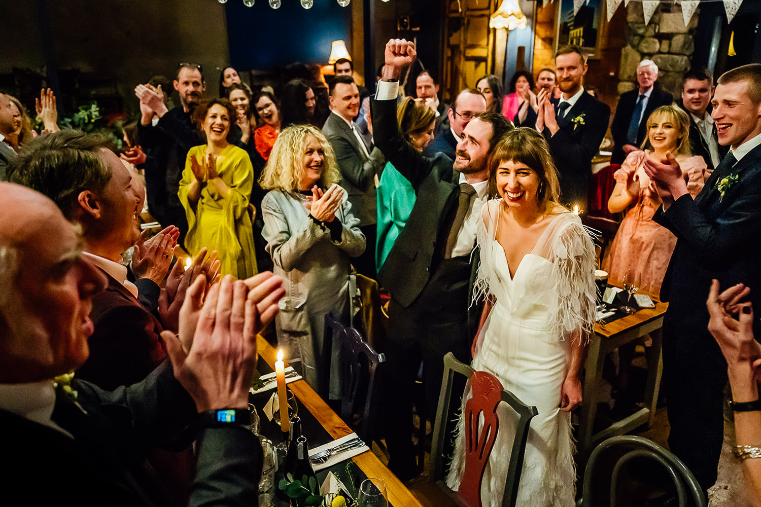 A bride and groom arrive for their dinner at Mount Druid wedding venue